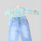 2 piece aqua blue plaid top and Bottom set image 0